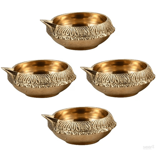 Indian Puja Brass Oil Lamp - Golden Diya Lamp Engraved Design Dia - 2.5 Inch (Set of 10)