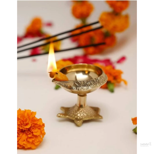 Indian Puja Brass Oil Lamp with Stand- Golden Diya Lamp Engraved Design Dia