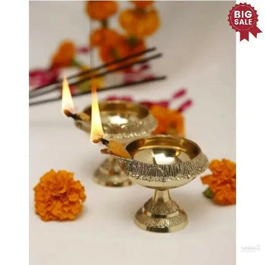 Indian Puja Brass Oil Lamp with Stand- Golden Diya Lamp Engraved Design Dia