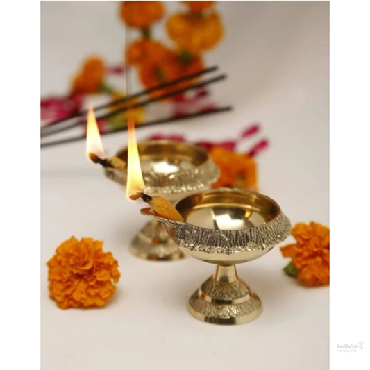 Indian Puja Brass Oil Lamp with Stand- Golden Diya Lamp Engraved Design Dia