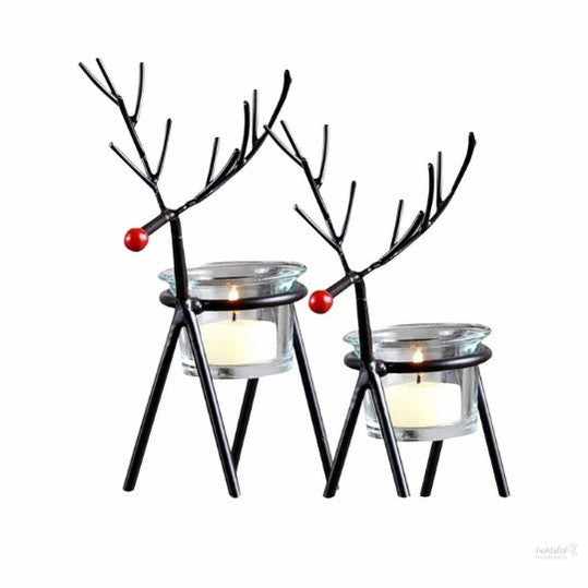 Iron Reindeer Tealight Candle Holders with Glass Holders - Decoration Items for Home Table Top and Gifts Candles ( Pack of 2) - Gifts