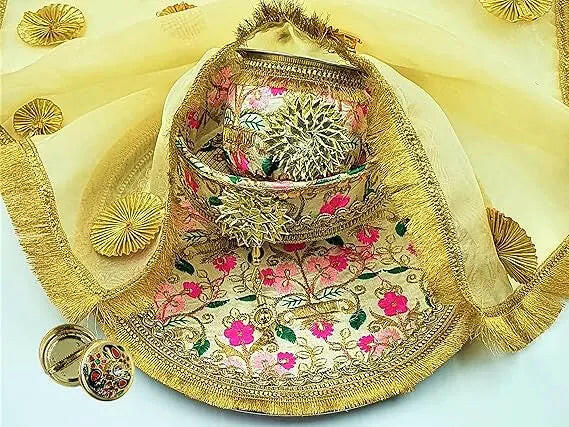Karwachauth Thali Set (Thali, Kalash, Chalni, Thali Cover, Small Debi) Puja Thalis for Karwa Chauth Poojan Wedding Diwali Navratri Varalakshmi Lakshmi Ganesh Aarti Fashtales Handicrafts