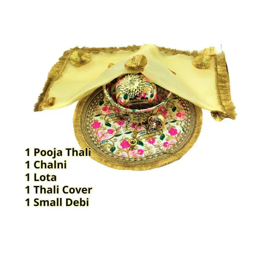 Karwachauth Thali Set (Thali, Kalash, Chalni, Thali Cover, Small Debi) Puja Thalis for Karwa Chauth Poojan Wedding Diwali Navratri Varalakshmi Lakshmi Ganesh Aarti Fashtales Handicrafts