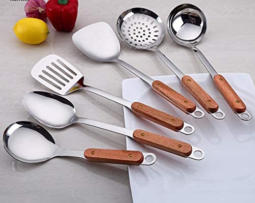 Fashtales Handicrafts 6 Piece Kitchen Cooking Stainless Steel Utensils Set Wooden Handle Cooking Tools Gadgets Spatula Set with Hook,Shovel,Slotted Turner,Slotted Skimmer,Ladle,Rice Spoon and Cooking Spoon