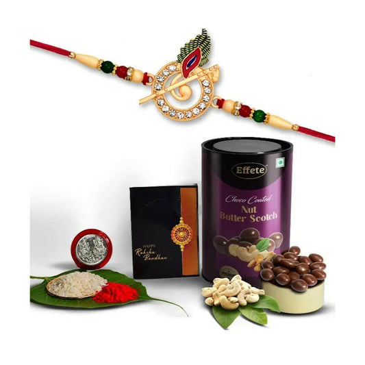 Fashtales Handicrafts Krishna Morpich Flute Colorful Beads Rakhi / Bracelet | Effete Chocolate Butter Scotch | Silver Color Pooja Coin | Roli Chawal | Greeting Card | Occasion | Rakhi & Chocolate for brother | Rakhi with Chocolate | Rakhi with Gift | Rakh