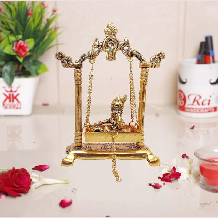 Laddu Gopal on Jhulla Palana Metal Statue Gold Plated Decor Your Home,Office Metal Krishna Murti,Showpiece Figurines,Religious Idol Gift Article.