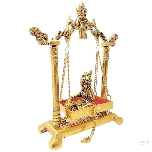 Laddu Gopal on Jhulla Palana Metal Statue Gold Plated Decor Your Home,Office Metal Krishna Murti,Showpiece Figurines,Religious Idol Gift Article.