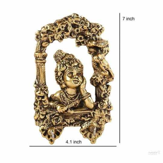 Laddu gopal door wall hanging with key holder for home, office, temple, room decor (2 hooks, gold) handmade