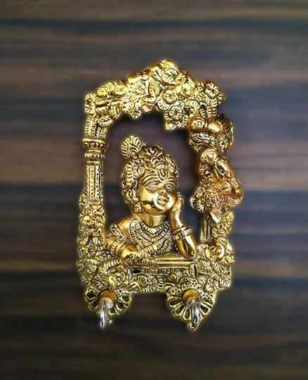 Laddu gopal door wall hanging with key holder for home, office, temple, room decor (2 hooks, gold) handmade