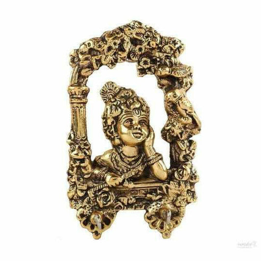 Laddu gopal door wall hanging with key holder for home, office, temple, room decor (2 hooks, gold) handmade