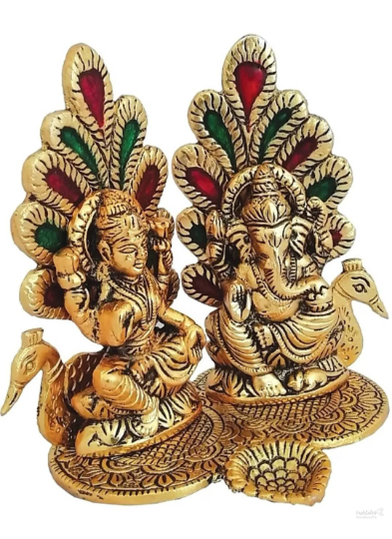 Laxmi Ganesh Idol with Diya Peacock Murti Idol Sculpture for Home Office and Gift Decor Decorative Showpiece 16 cm