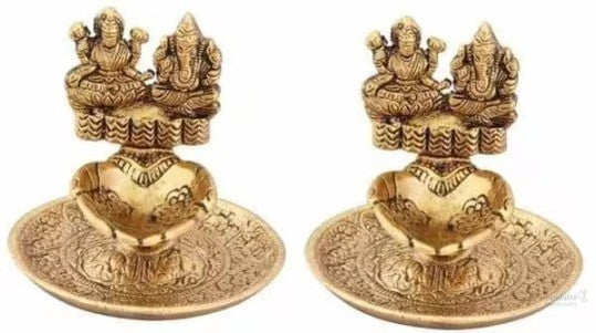 Laxmi ganesh diya for table, home, office, temple, gifting purpose, diya set- 3inch (metal,gold, pack of 2) handmade