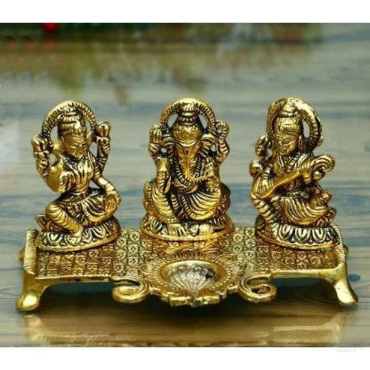 Laxmi ganesh saraswati with diya statue for home, office, temple, gifting purpose, decorative showpiece- 14cm (metal,gold) handmade