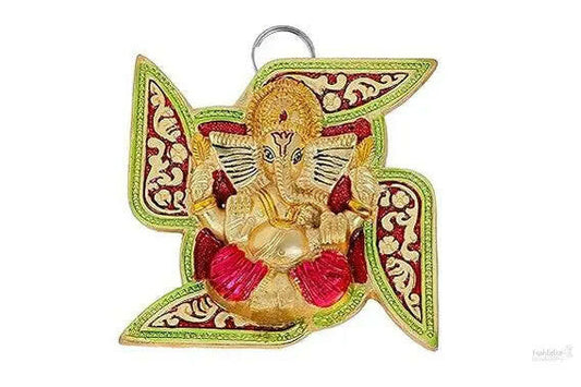 Fashtales Handicrafts Lord Ganesha on Swastik for Door Hanging with Colorful Meenakari Work Article Wall Hanging - 5 inches