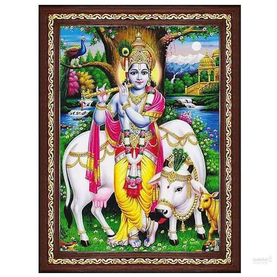 Lord Gopala Krishna Murali Gopal Cow Calf Wall Painting Framed Home Decor (Wood,Matte,Brown,Big Size,10 x 12 Inch) B683M