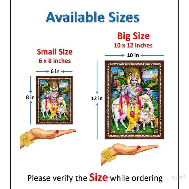 Lord Gopala Krishna Murali Gopal Cow Calf Wall Painting Framed Home Decor (Wood,Matte,Brown,Big Size,10 x 12 Inch) B683M