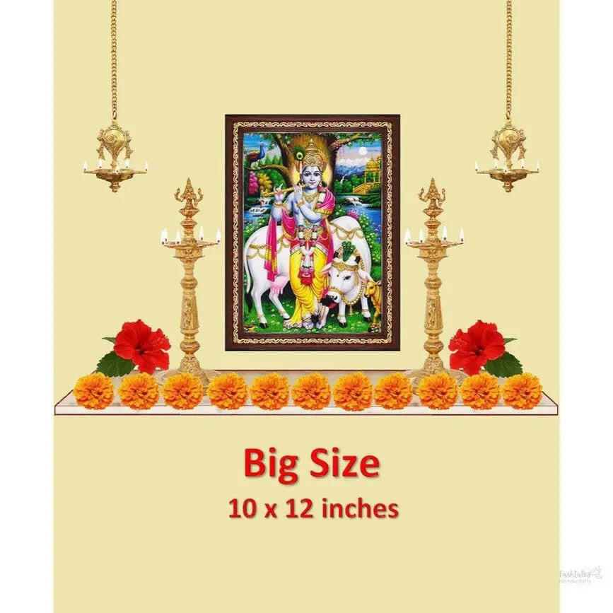 Lord Gopala Krishna Murali Gopal Cow Calf Wall Painting Framed Home Decor (Wood,Matte,Brown,Big Size,10 x 12 Inch) B683M