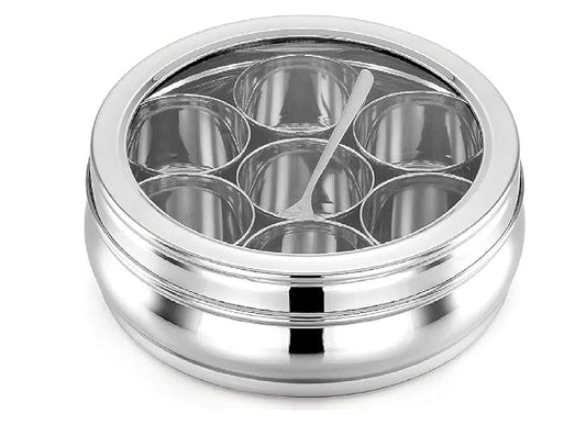 Fashtales Handicrafts Masala Dabba | Masala Box Stainless Steel For Kitchen | Masala Dani | Spice Storage Container (Glass Lid, 1200Ml), Silver