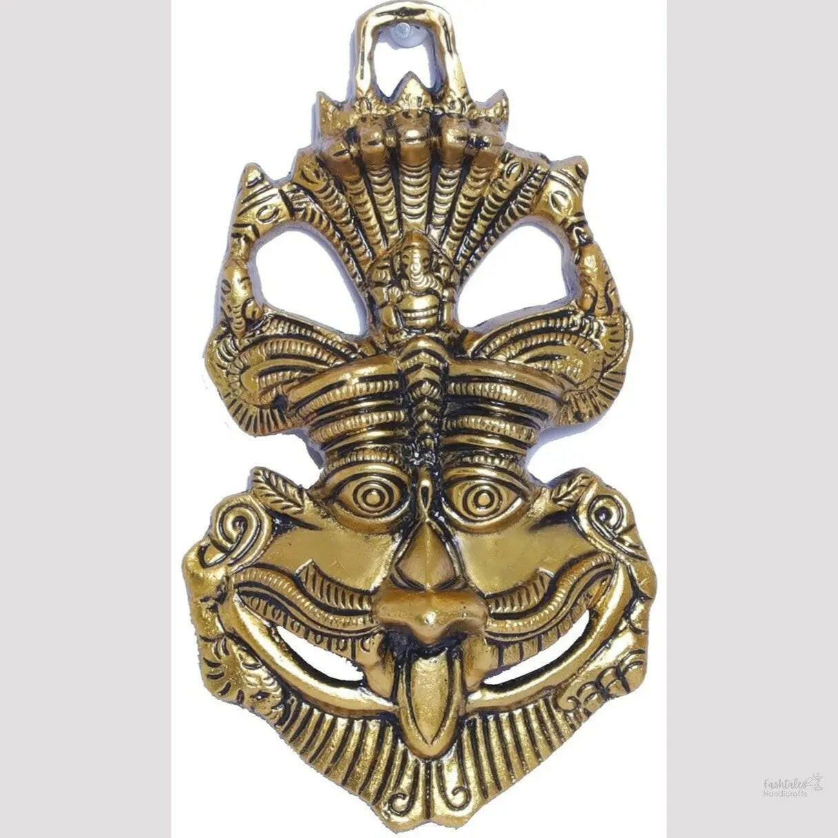 Fashtales handicrafts Metal Feng Shui Vastu Showpiece Nazar Battu with Naag Ganesha Suraksha Kawach Mask for Evil Eye Protection for Home, Office Wall & Door Hanging (Gold, Medium)