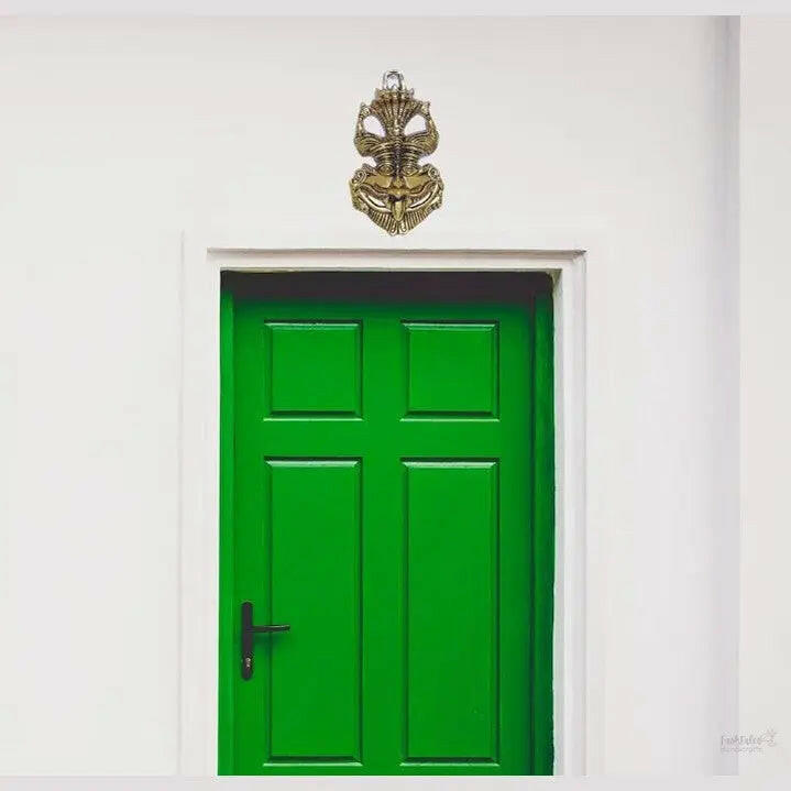 Fashtales handicrafts Metal Feng Shui Vastu Showpiece Nazar Battu with Naag Ganesha Suraksha Kawach Mask for Evil Eye Protection for Home, Office Wall & Door Hanging (Gold, Medium)