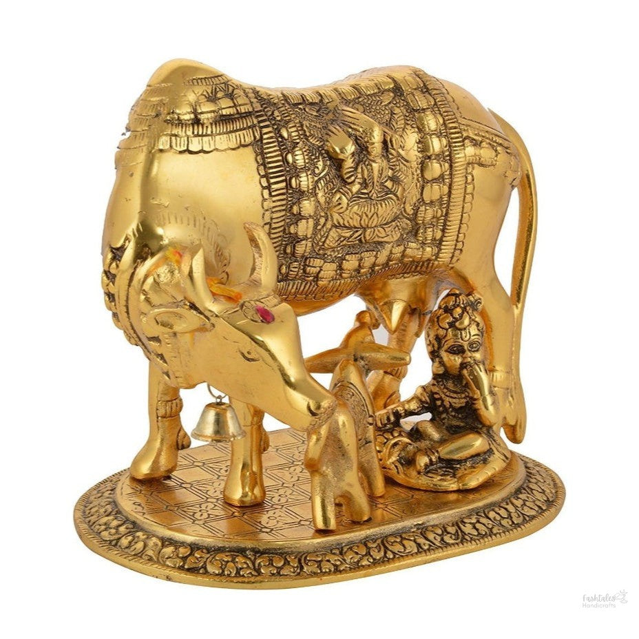 Metal Kamdhenu Cow with Calf for Home Decor Gift Item