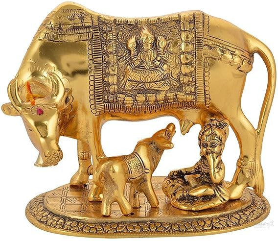 Metal Kamdhenu Cow with Calf for Home Decor Gift Item