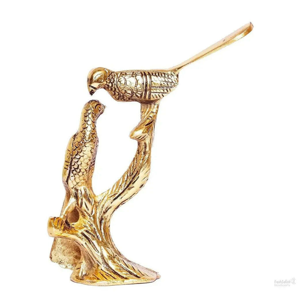 Fashtales Handicrafts Metal Love Birds Couple Kissing Sitting on Tree Branch Showpiece (Golden, Medium)