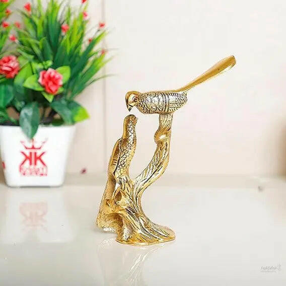 Fashtales Handicrafts Metal Love Birds Couple Kissing Sitting on Tree Branch Showpiece (Golden, Medium)