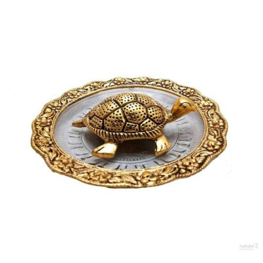 Metal feng shui tortoise on plate showpiece standard gold handmade- 5.5 inch