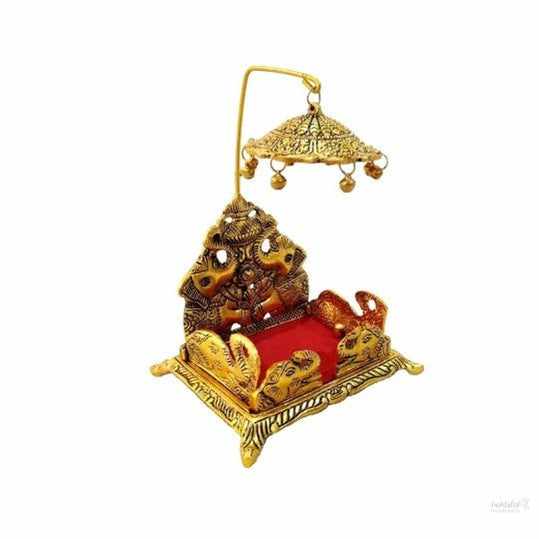 Metal god singhasan (bal gopal/ ganesha/ goddess) for home, temple and office 11cm (metal, gold, red) handmade