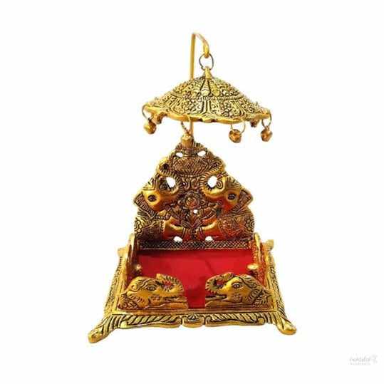 Metal god singhasan (bal gopal/ ganesha/ goddess) for home, temple and office 11cm (metal, gold, red) handmade