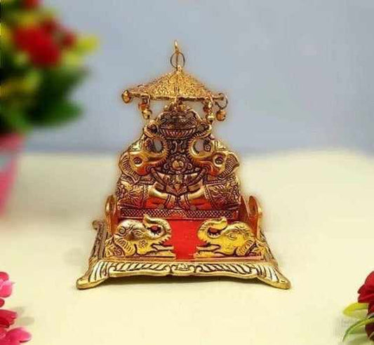 Metal god singhasan (bal gopal/ ganesha/ goddess) for home, temple and office 11cm (metal, gold, red) handmade