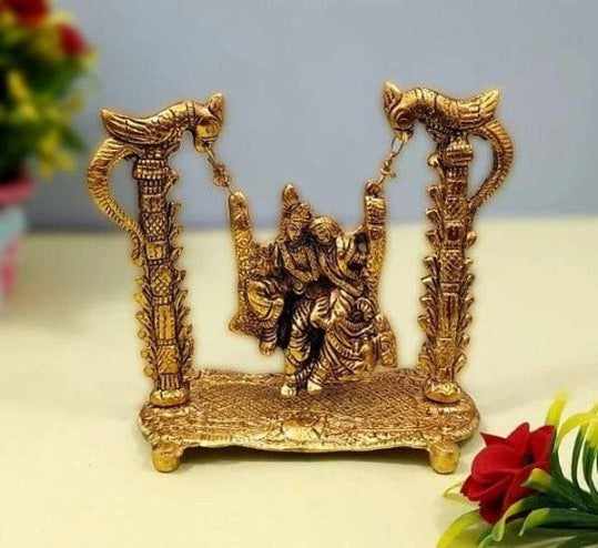 Metal radha krishna parrot jhula statue decorative showpiece for home and office handmade - 16cm, gold