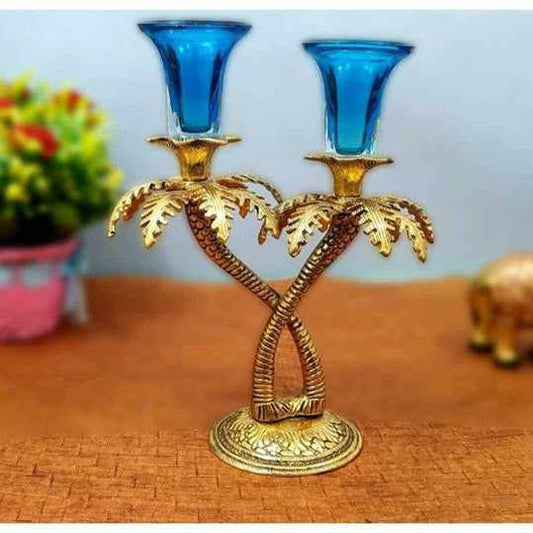 Metal tea light candle holder for home decor 2 cup tealight holder(blue, gold, pack of 1) handmade