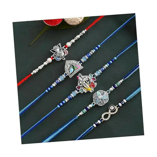 Fashtales Handicrafts Multicolor Combo of 5 Rakhi Set for Men with Roli Chawal Best Wishes Greeting Card