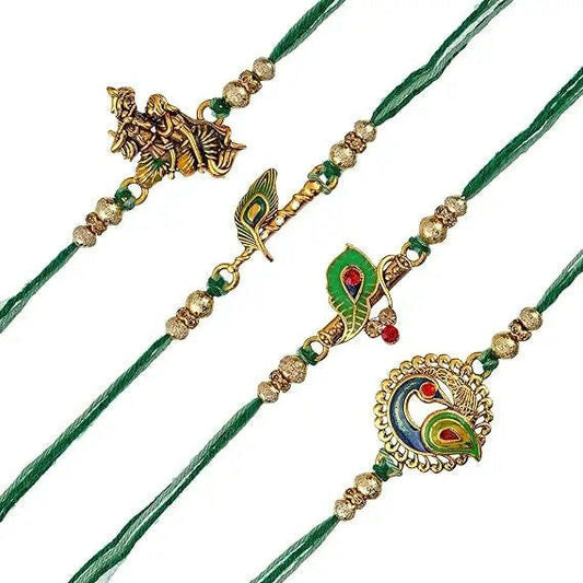 Fashtales Handicrafts Multicolor Set of 4 Radha Krishna Playing Flute, Peacock, Krishna Flute, Peacock Feather Designer Religious Rakhis with Roli Chawal Pack - Rakhi for Brother, Bhaiya, Bhai