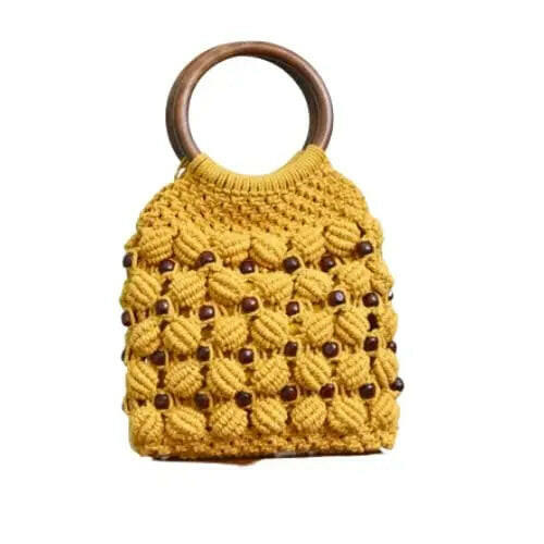 Fashtales handicrafts Mustard Yellow Wooden Ring handle Handmade Macrame knotted Bag, Beach Bag, Reusable Shopping Bag, Bag for Womens - Size: Width 12" x Length 18" inch With Handle, Color Yellow