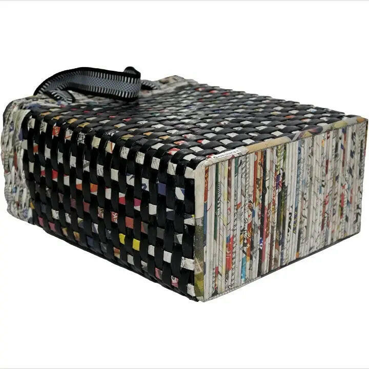 Fashtales handicrafts Paperus Re-usable Small Black Check Carry Bag, Shopping Bag, Handbag, Tiffin Basket, Lunch Bag, Eco-friendly, Handmade, of Paper Ropes 11 In Tall 10 In Length 5 In Wide Base