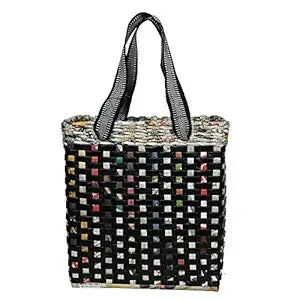 Fashtales handicrafts Paperus Re-usable Small Black Check Carry Bag, Shopping Bag, Handbag, Tiffin Basket, Lunch Bag, Eco-friendly, Handmade, of Paper Ropes 11 In Tall 10 In Length 5 In Wide Base