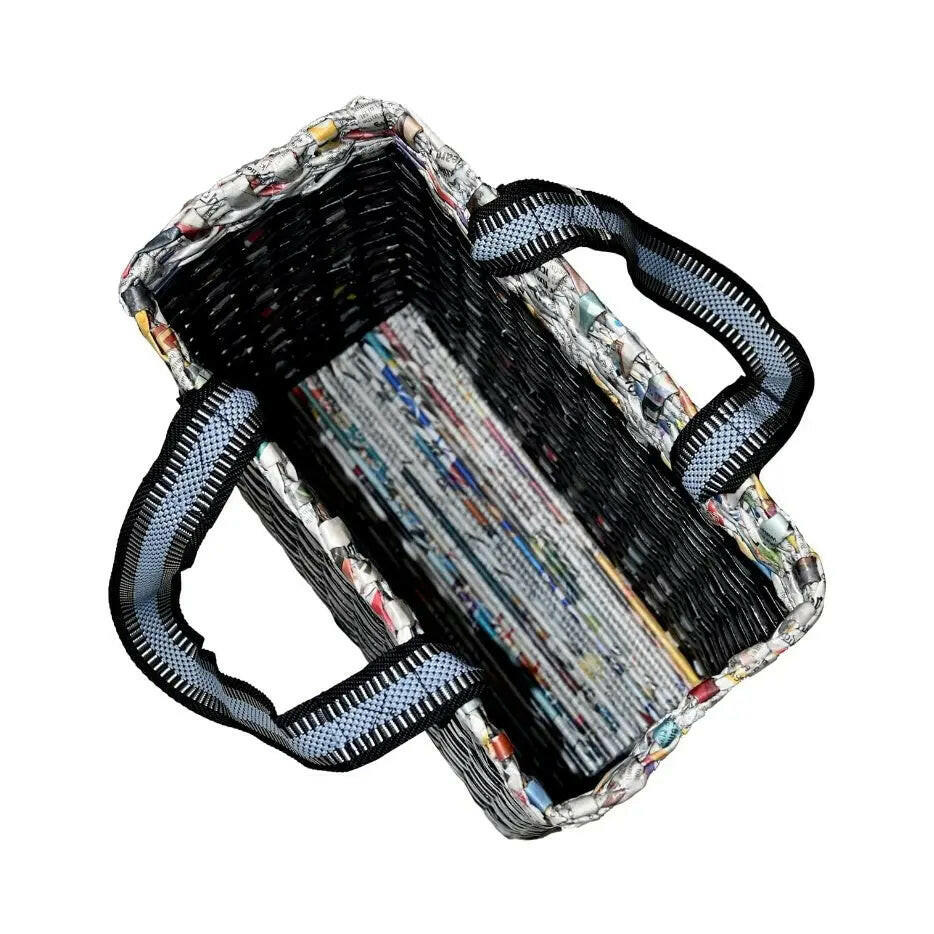 Fashtales handicrafts Paperus Re-usable Small Black Check Carry Bag, Shopping Bag, Handbag, Tiffin Basket, Lunch Bag, Eco-friendly, Handmade, of Paper Ropes 11 In Tall 10 In Length 5 In Wide Base