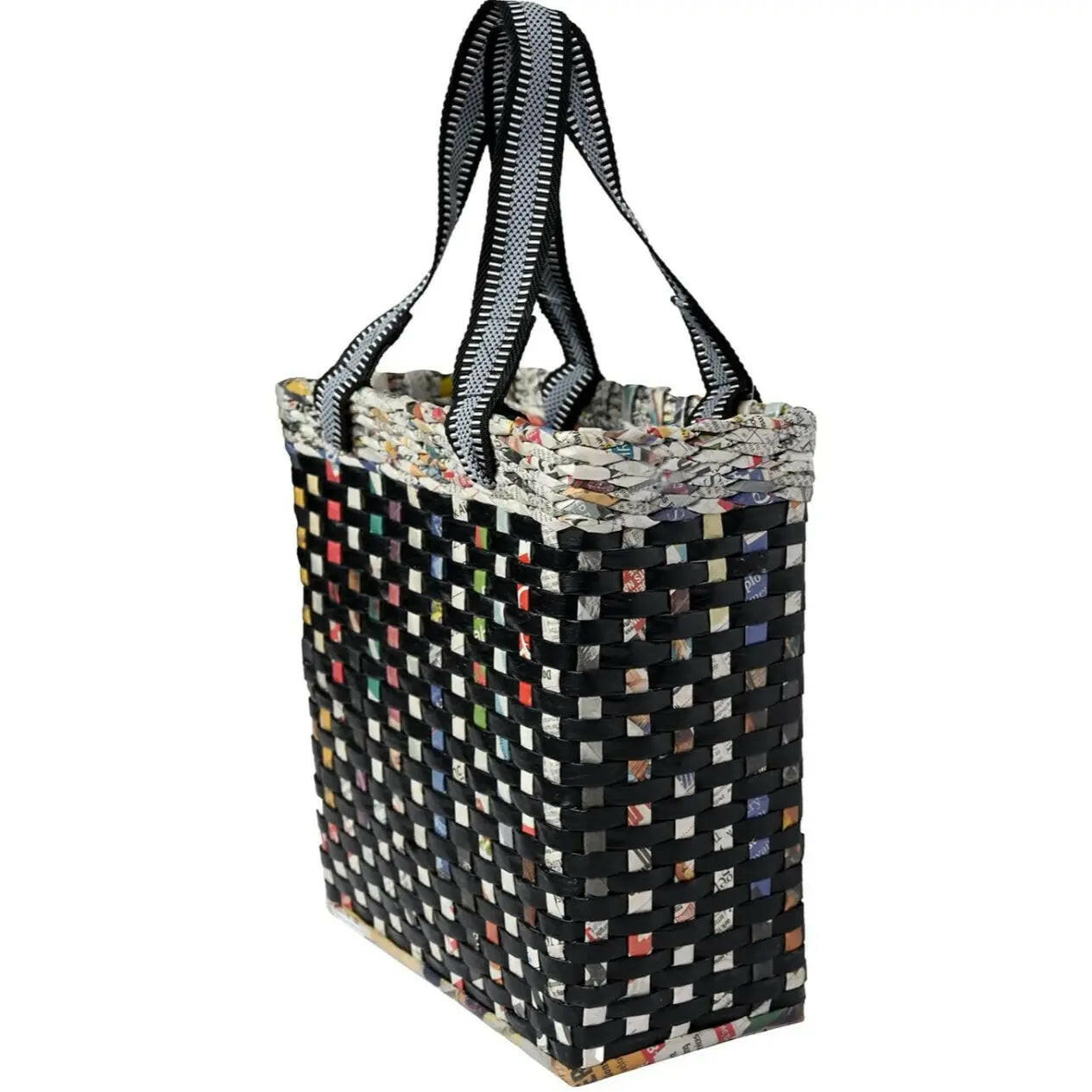 Fashtales handicrafts Paperus Re-usable Small Black Check Carry Bag, Shopping Bag, Handbag, Tiffin Basket, Lunch Bag, Eco-friendly, Handmade, of Paper Ropes 11 In Tall 10 In Length 5 In Wide Base