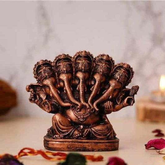 Polyresin panchmukhi ganesha idol statue for home temple car dashboard Office- handmade 5 In , Copper