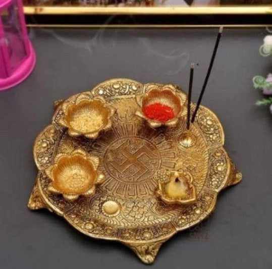 Pooja thali with diya gold plated for home and office temple and pooja room-metal