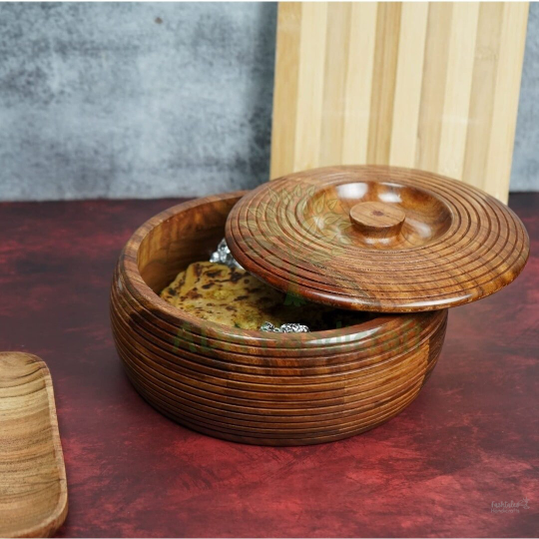 Premium Pakka Sheesham Wooden Chapati Box | Round Hot Pot Roti Dabba with Lid | Roti Storage Server Container for Kitchen - Size (22 x 22 x