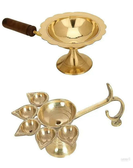 Pure Brass Dhoop Diya and pancharti Combo Medium Size Kapoor Aarti Lamp/Dhoop Stand Diya Aarti Diya for Gifting and Religious