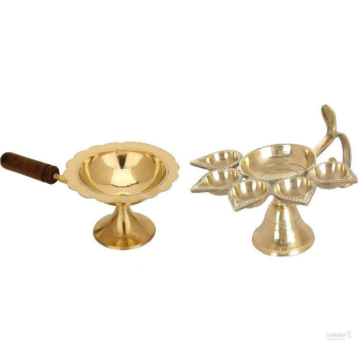 Pure Brass Dhoop Diya and pancharti Combo Medium Size Kapoor Aarti Lamp/Dhoop Stand Diya Aarti Diya for Gifting and Religious