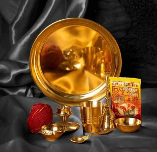 Pure Brass Special Puja Thali Set of 9 Items, for Diwali Poojan/Pooja Room/Diwali Gifting/navratri