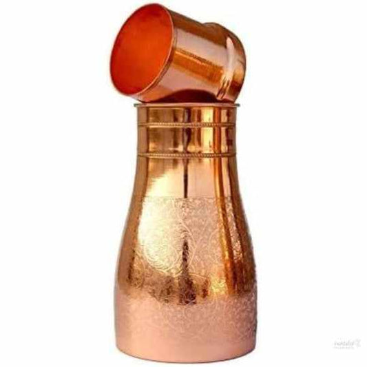 Pure Copper Water Bedroom Bottle Embossed Work | Bedside Carafe | Bedroom jar with inbuilt Copper Glass/Vessel 1 Liter