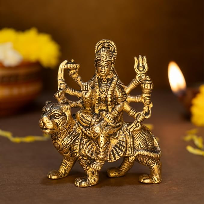 Fashtales Pure Brass Durga Maa Idol (Size: 12.8 cm) | Durga Mata Murti for Home Decor & Puja Room | Mata Rani Murti for Office Desk | Maa Durga Murti for Gift | Sherawali Mata Murti