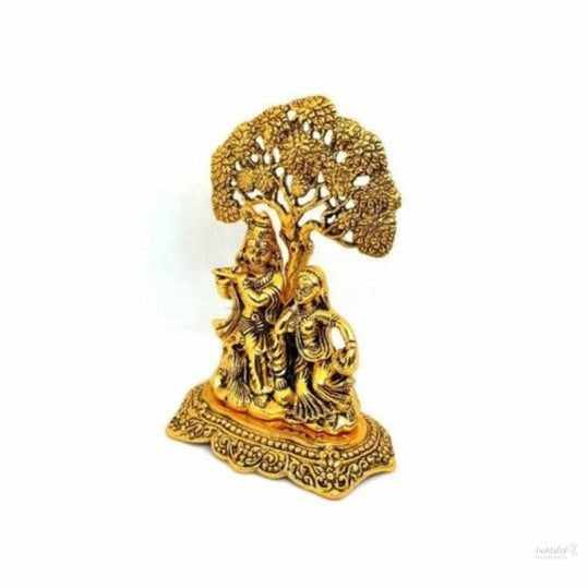 Radha krishna sitting under the tree playing flute statue idol | kanhaiya ji murti | figurine krishna janamasthmi 14cm metal, gold handmade